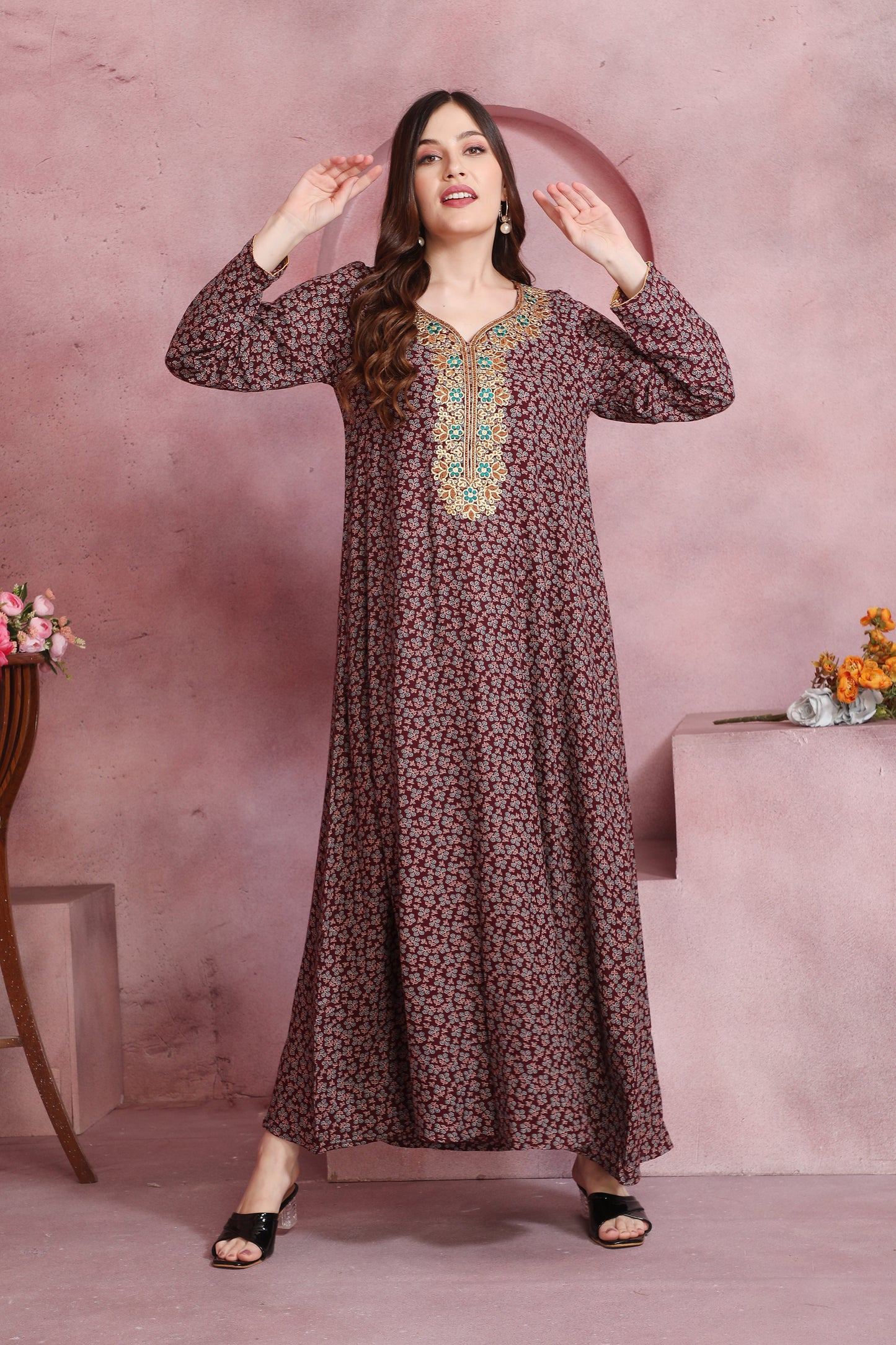 Stylish Burgundy Alpine Kaftan with Floral Print and Embroidered Neckline – Party Wear Dress