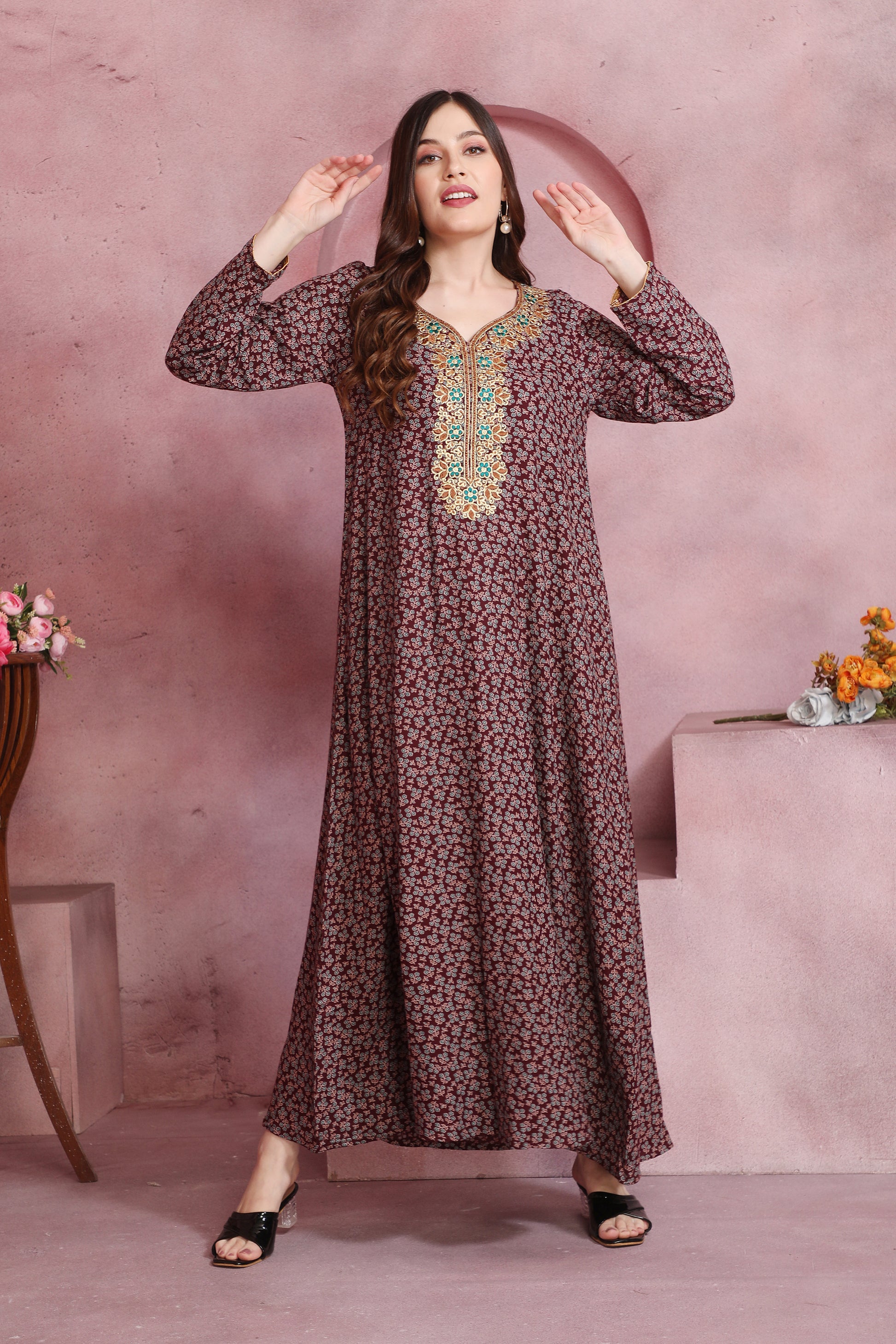 Stylish Burgundy Alpine Kaftan with Floral Print and Embroidered Neckline – Party Wear Dress