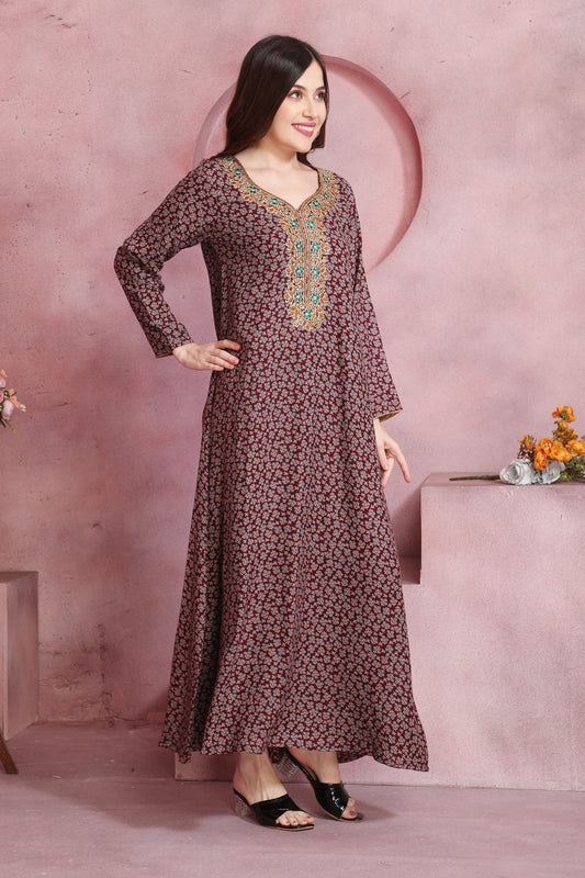 Burgundy Floral Printed Alpine Kaftan with Embroidered Neckline – Elegant Ethnic Dress for Women