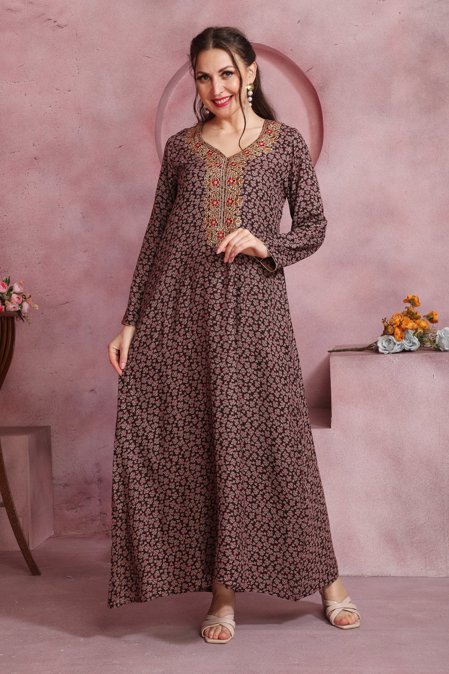 Women’s Brown Floral Printed Kaftan in Alpine Fabric with Embroidered Detailing