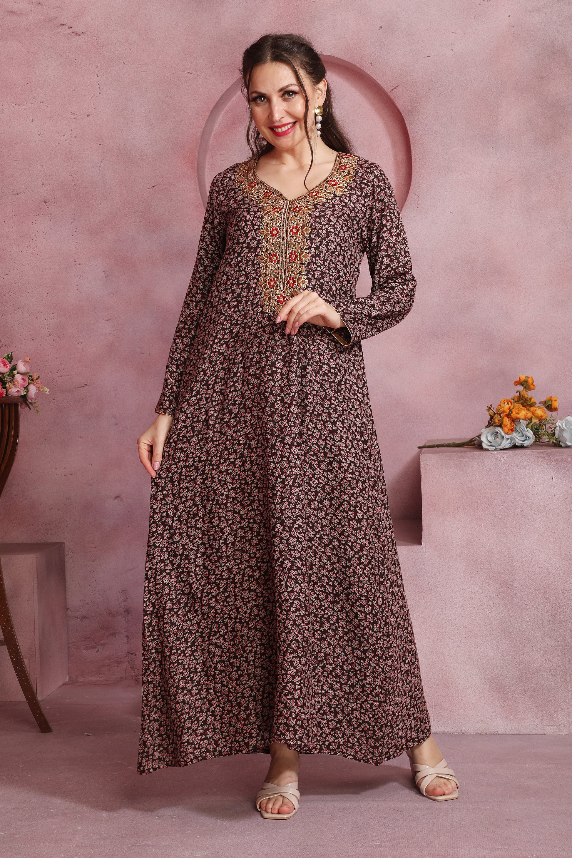 Women’s Brown Floral Printed Kaftan in Alpine Fabric with Embroidered Detailing