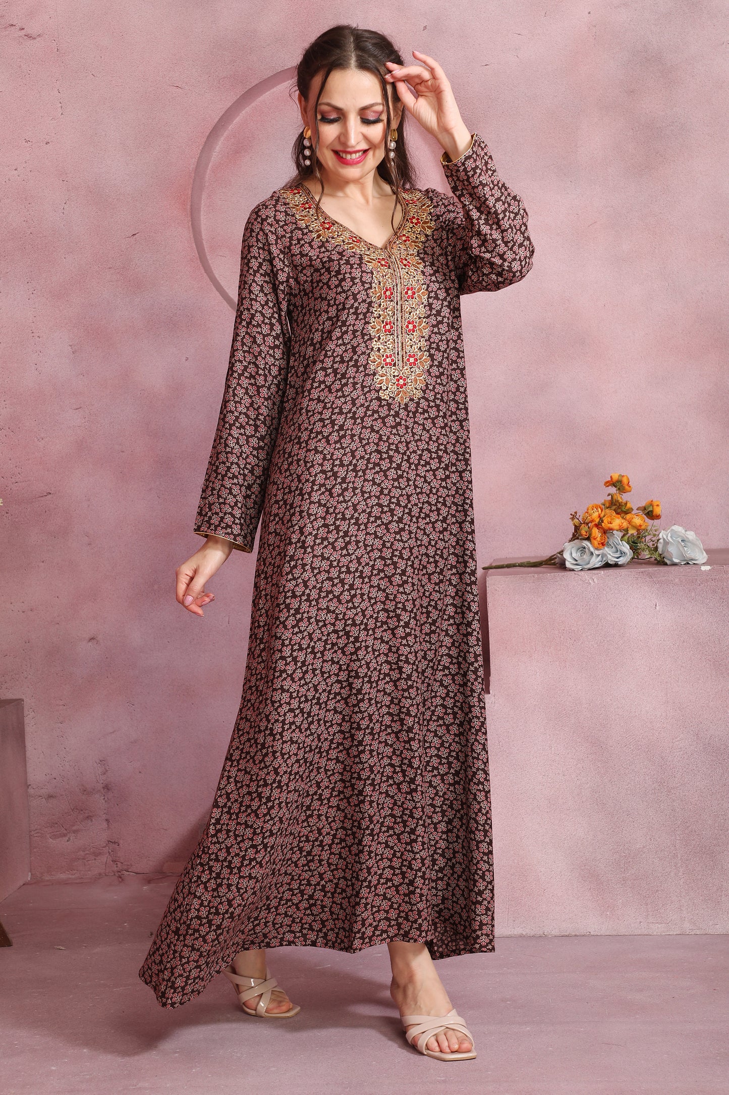 Brown Floral Printed Alpine Kaftan with Embroidered Neckline – Elegant Women’s Ethnic Wear