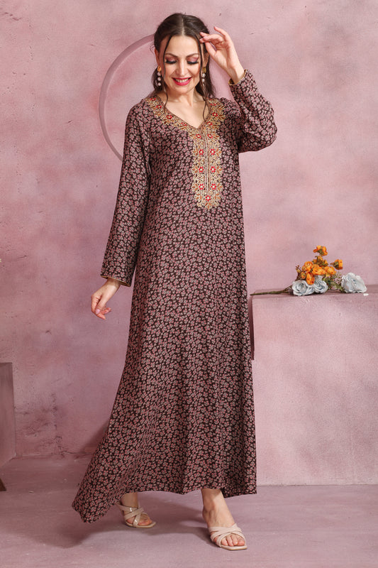 Brown Floral Printed Alpine Kaftan with Embroidered Neckline – Elegant Women’s Ethnic Wear