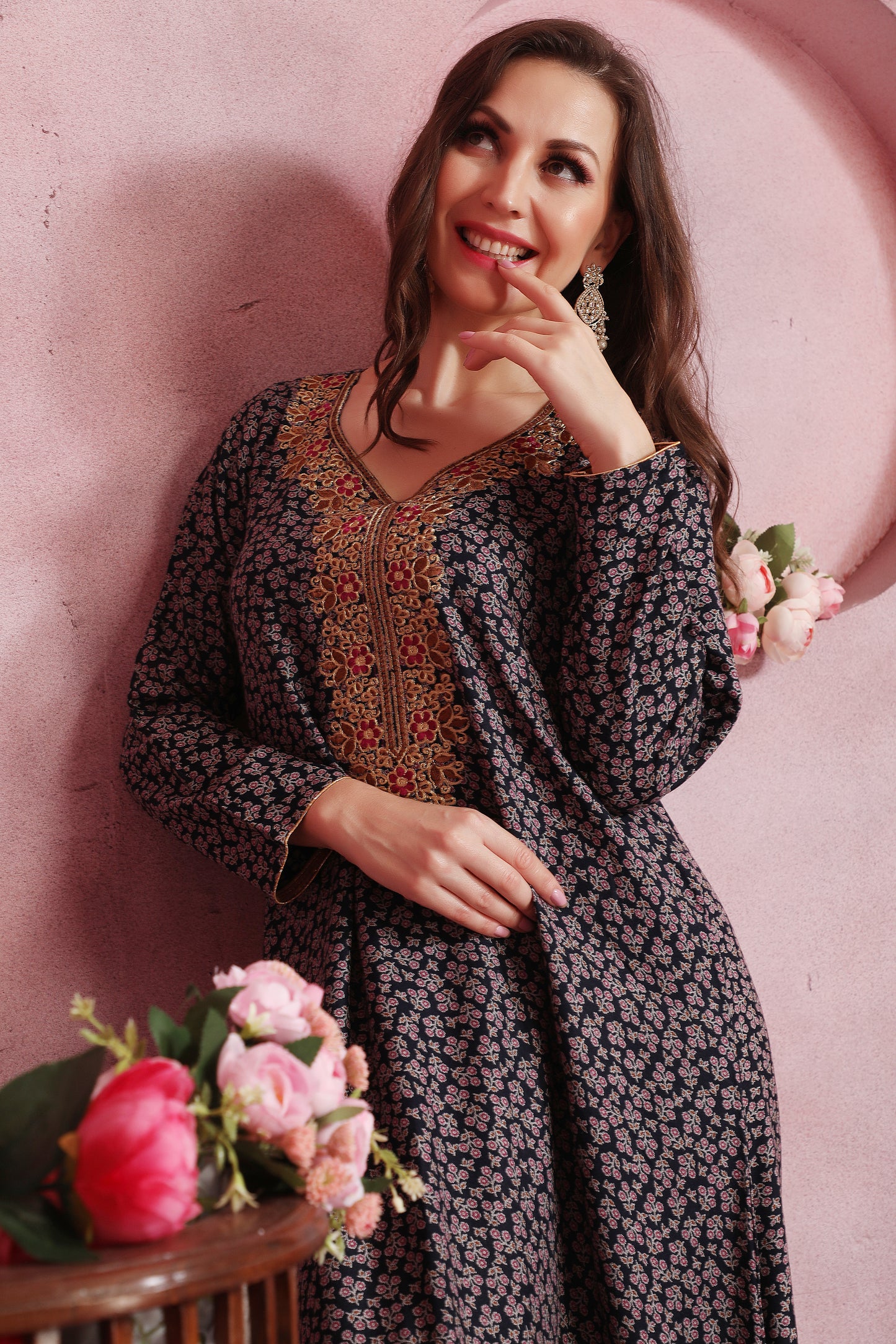 Designer Navy Blue Alpine Kaftan with Floral Print – Stylish Ethnic Wear