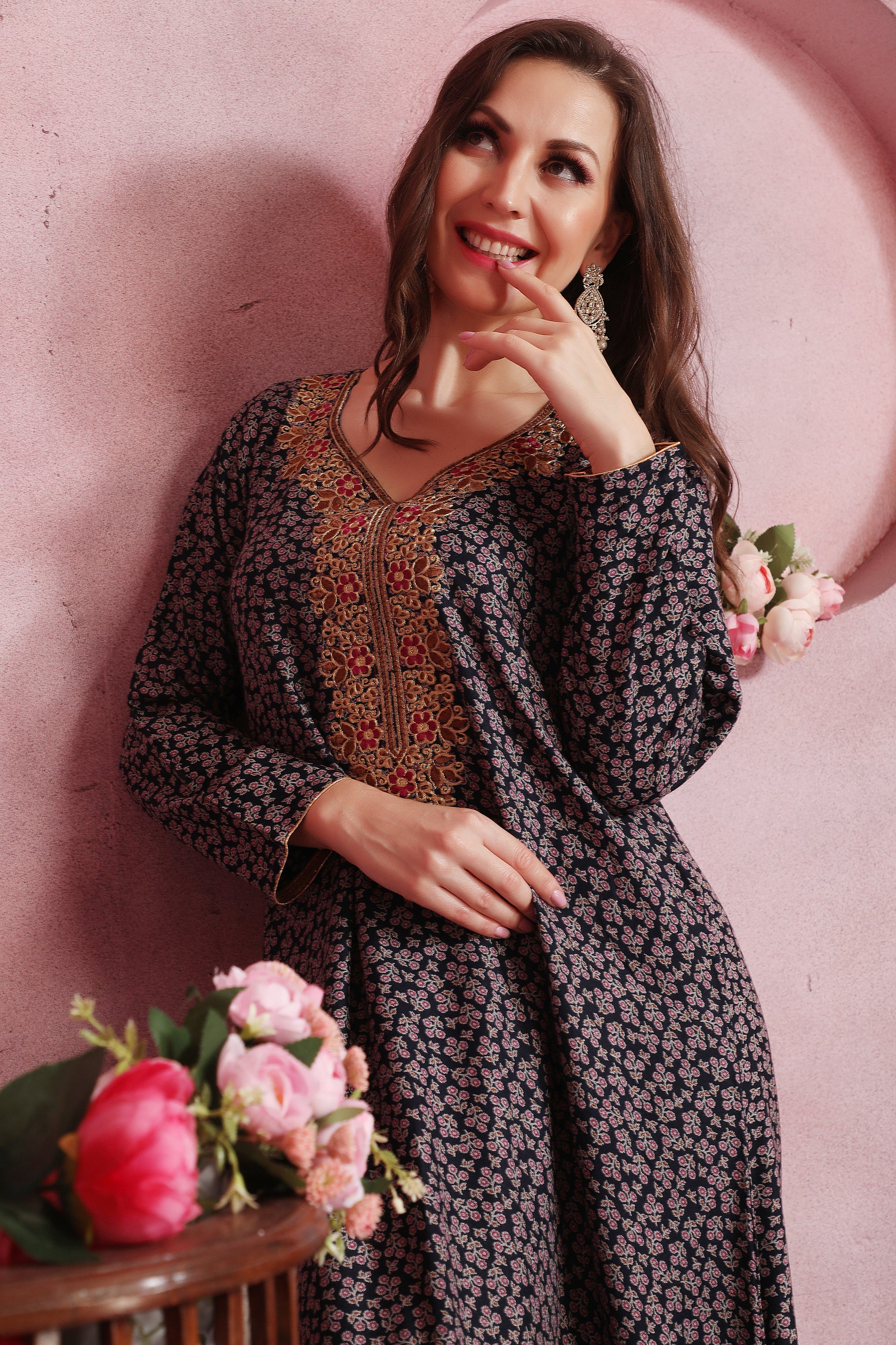 Designer Navy Blue Alpine Kaftan with Floral Print – Stylish Ethnic Wear