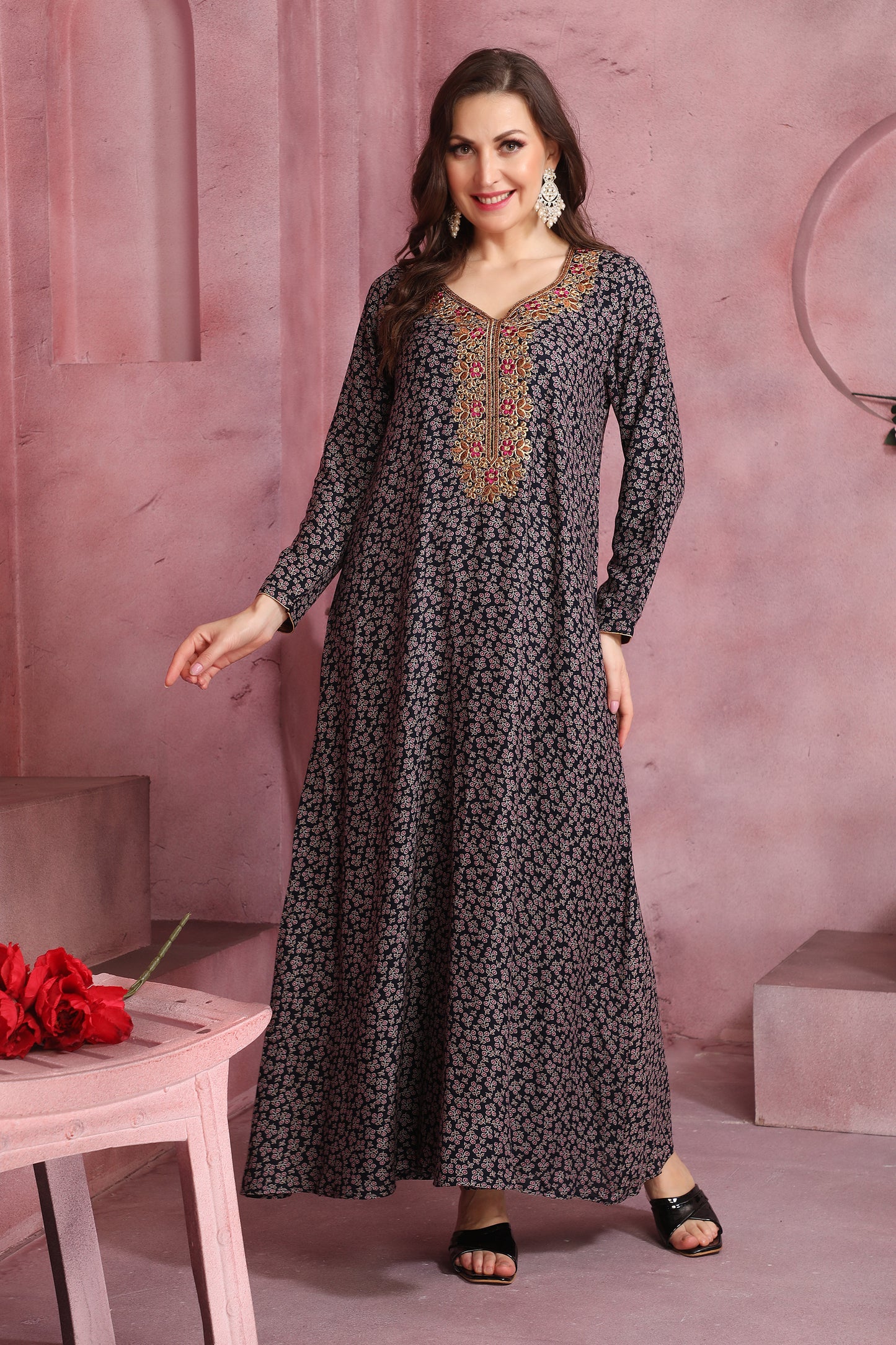 Women’s Navy Blue Alpine Fabric Kaftan with Floral Design – Casual & Festive