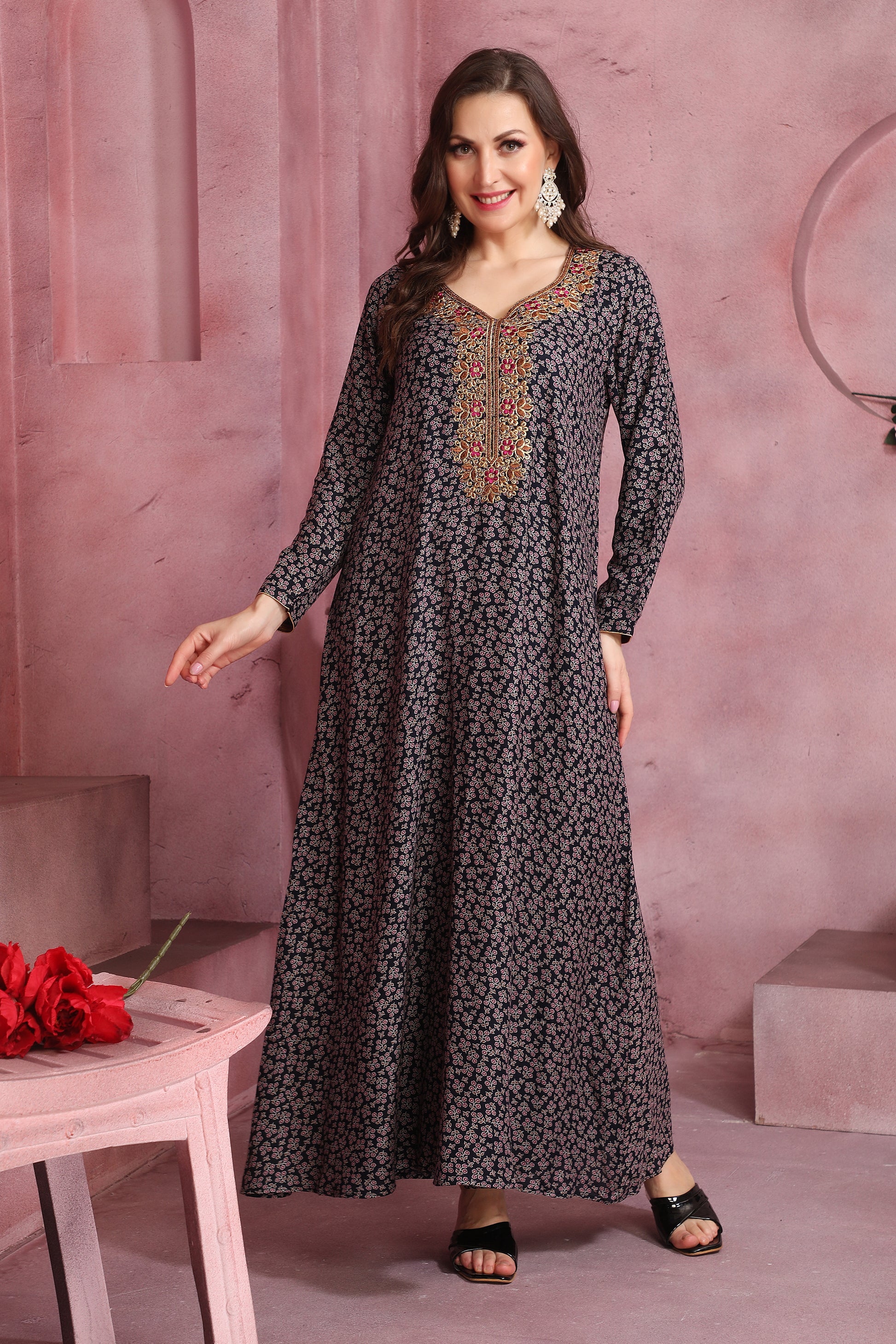 Women’s Navy Blue Alpine Fabric Kaftan with Floral Design – Casual & Festive