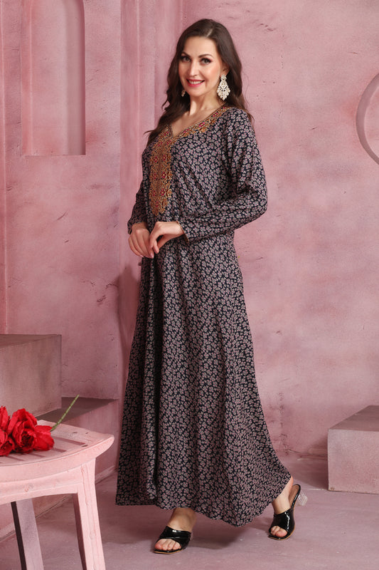 Navy Blue Floral Printed Alpine Kaftan – Elegant Full-Length Dress for Women