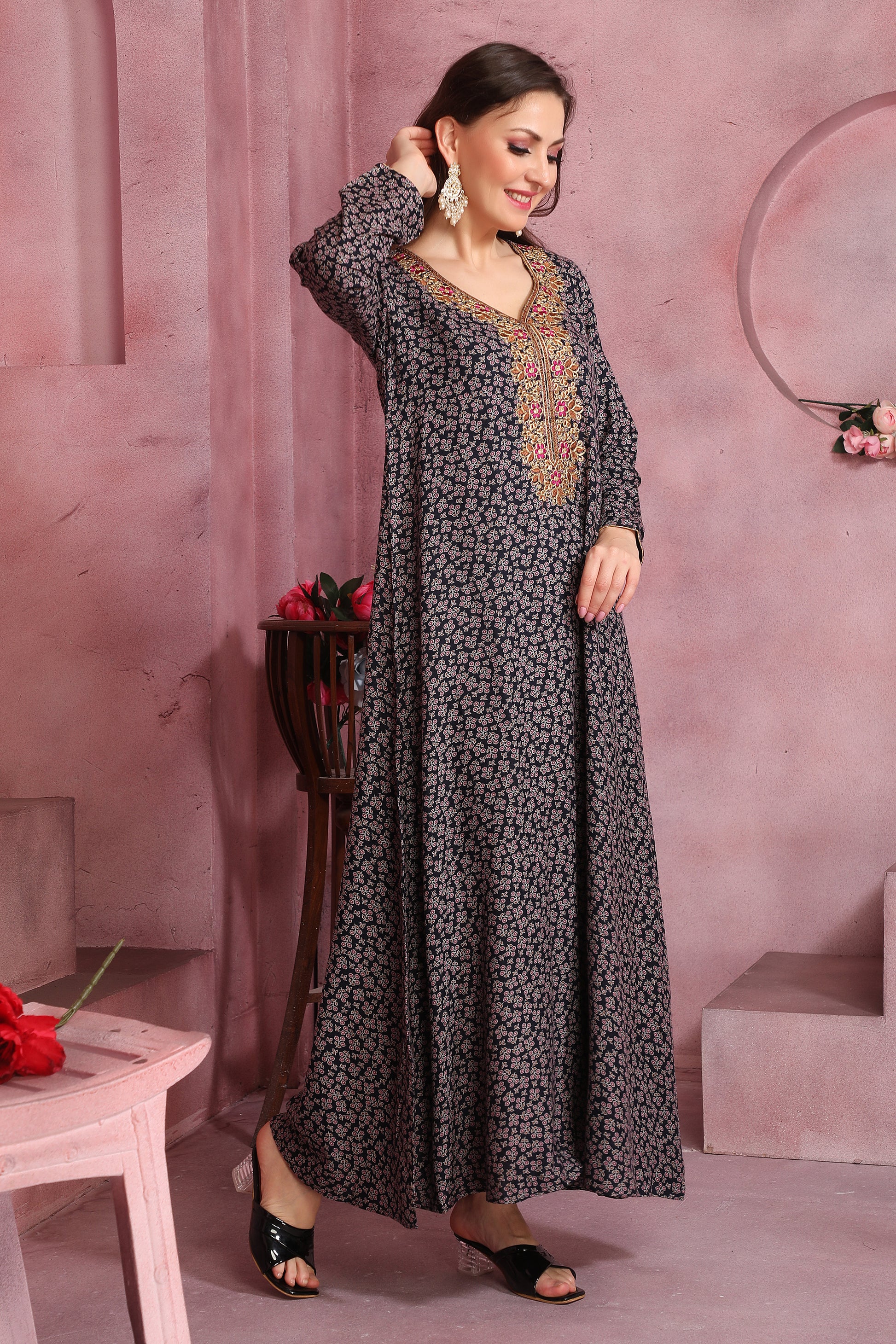 Lightweight Navy Blue Floral Printed Kaftan in Alpine Fabric – Modest Outfit
