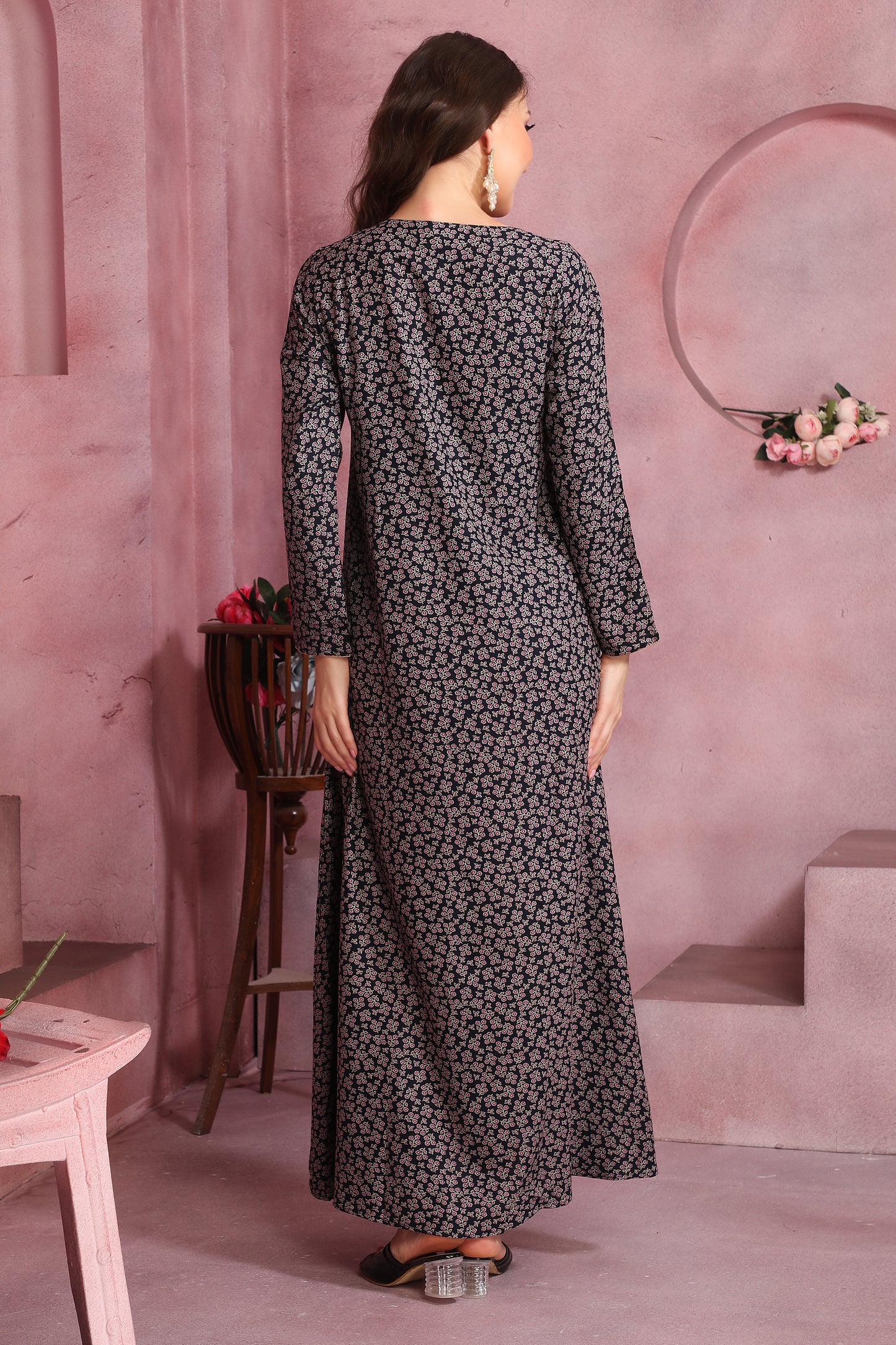 Navy Blue Alpine Floral Kaftan – Comfortable and Elegant Printed Dress for Women