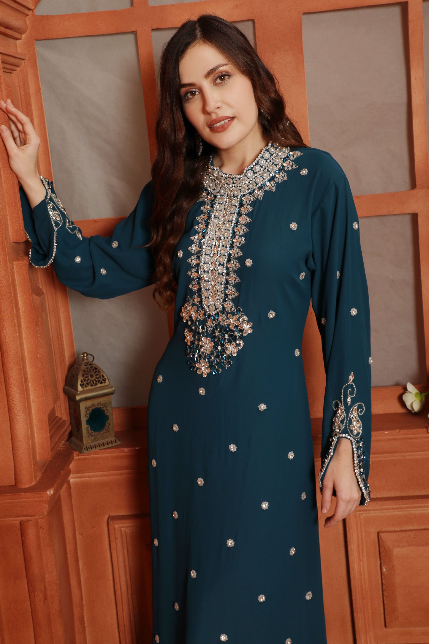Teal Blue Embellished Kaftan