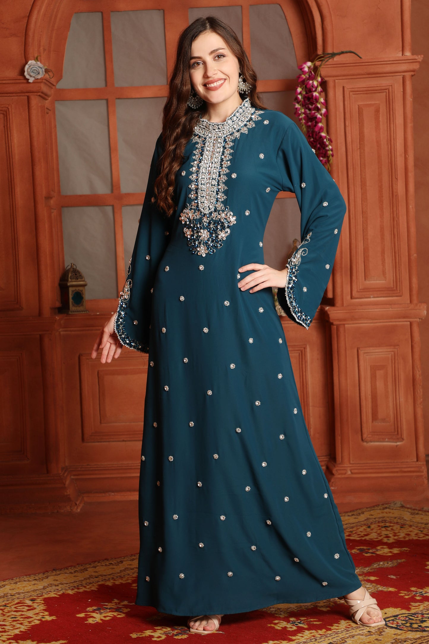 Teal Blue Embellished Kaftan