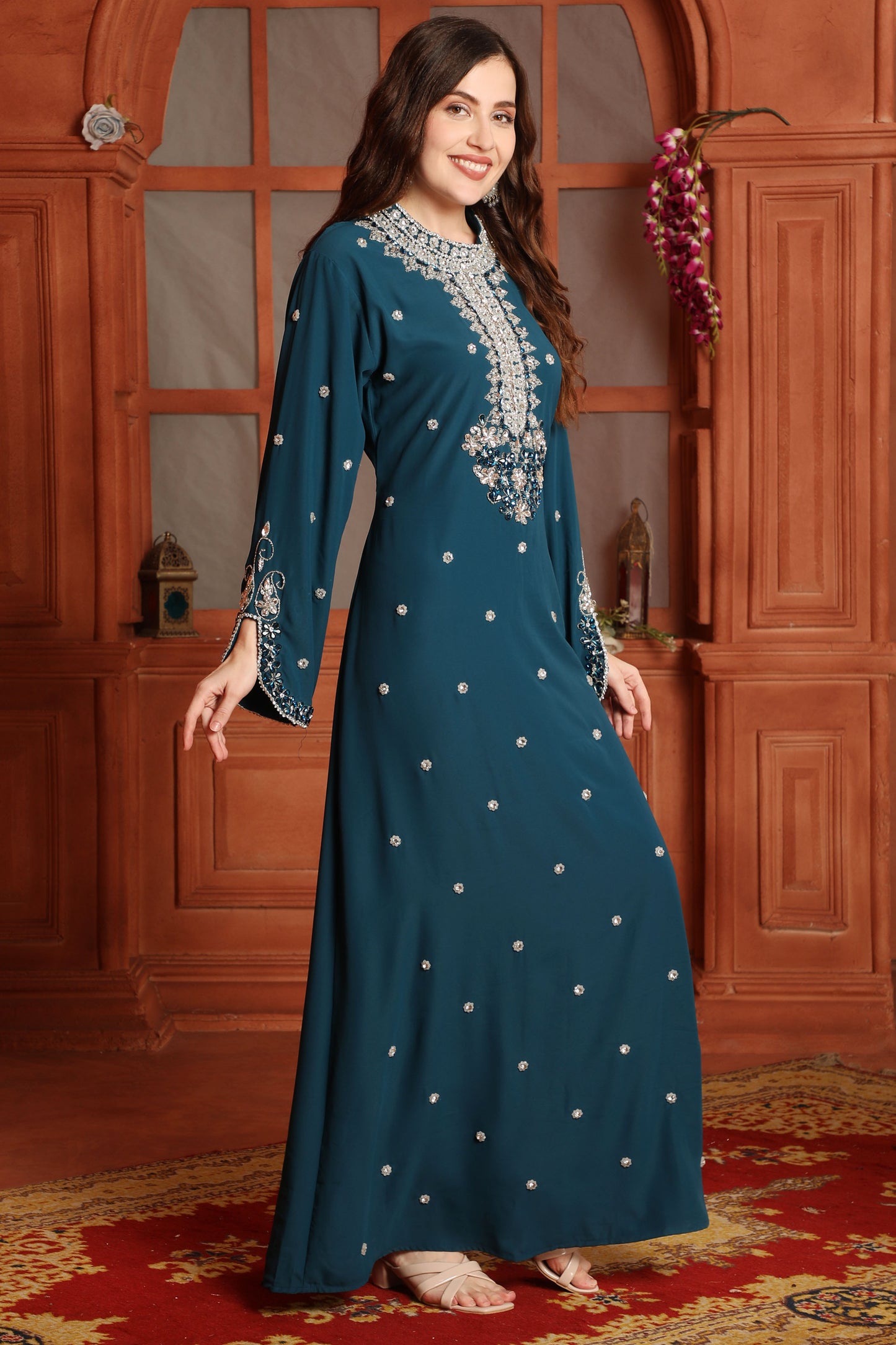 Teal Blue Embellished Kaftan
