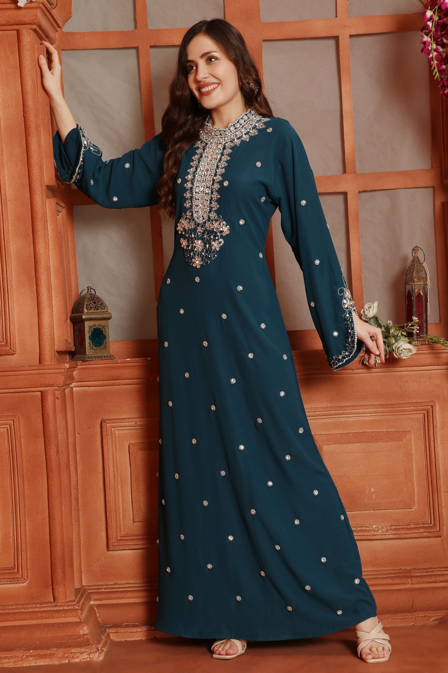 Teal Blue Embellished Kaftan