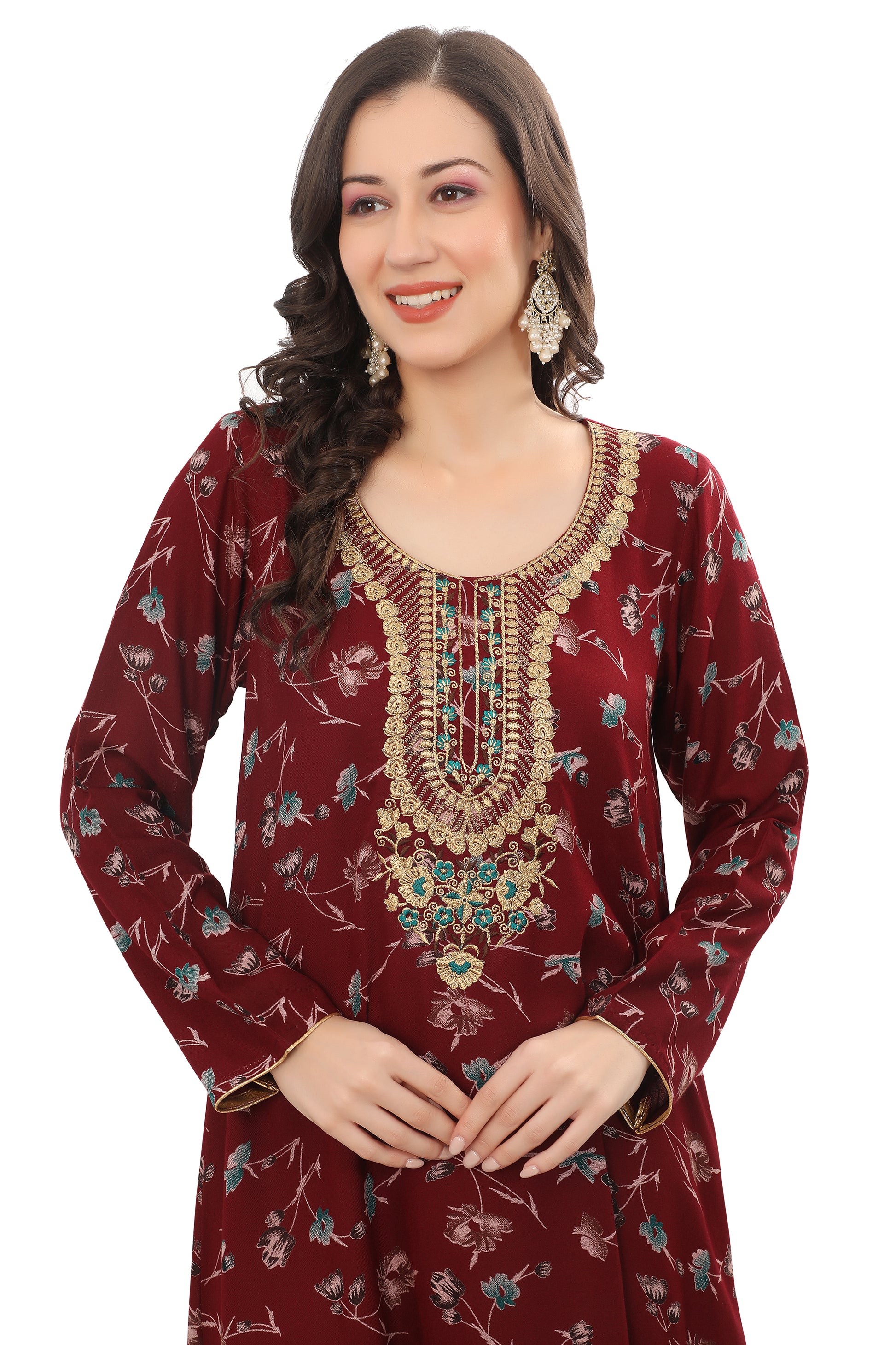 Women’s Red Alpine Embroidered Kaftan – Modest Full-Length Ethnic Outfit