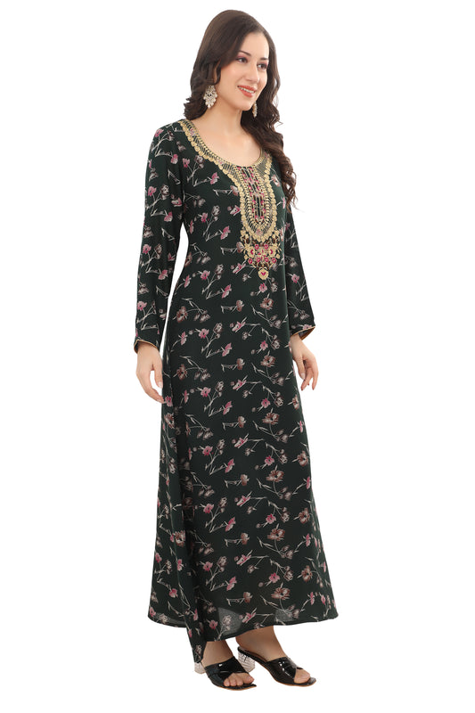 Green Alpine Embroidered Kaftan – Elegant Full-Length Ethnic Dress for Women