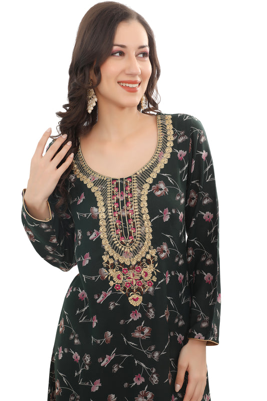 Women’s Green Alpine Fabric Kaftan with Intricate Embroidery – Festive Wear